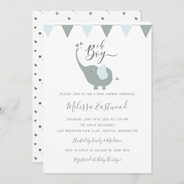 Baby Elephant Baby Shower Oh Boy Party Invitation (Front/Back)