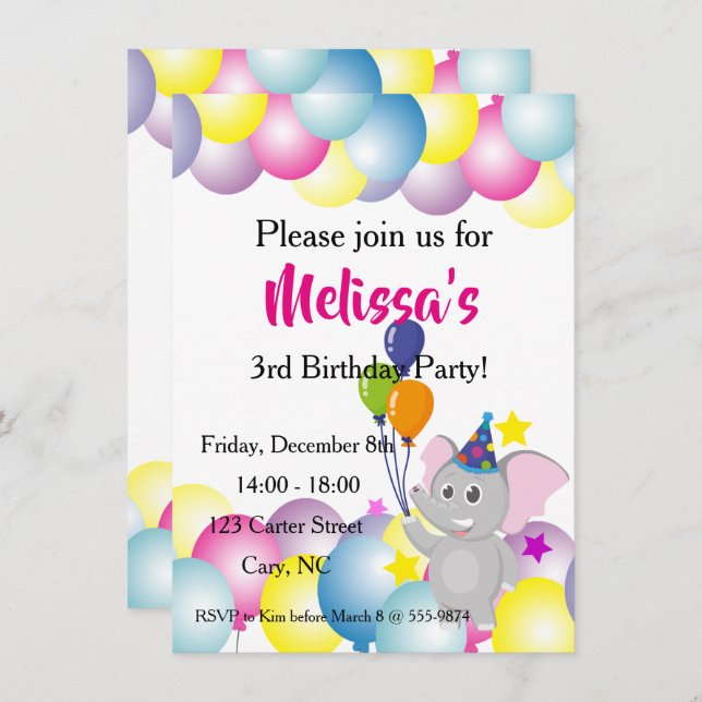 Baby elephant balloons birthday invitation (Front/Back)