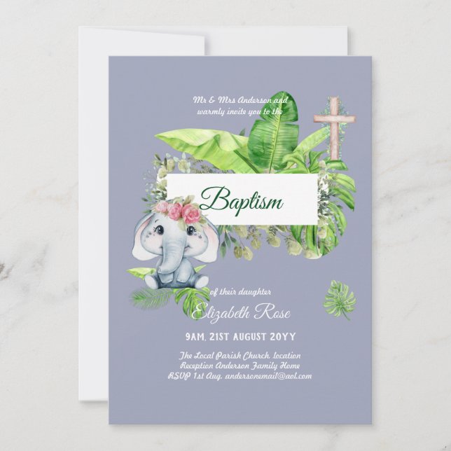 Baby Elephant BAPTISM Bautizo Bautismo Invtiations Invitation (Front)
