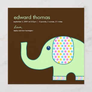 Baby Elephant Birth Announcement, Brown and Green Announcement