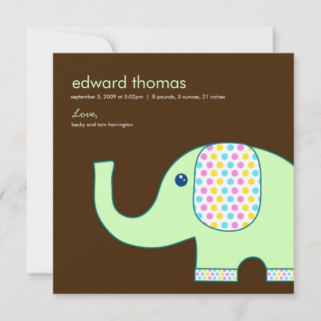 Baby Elephant Birth Announcement, Brown and Green Announcement (Front)
