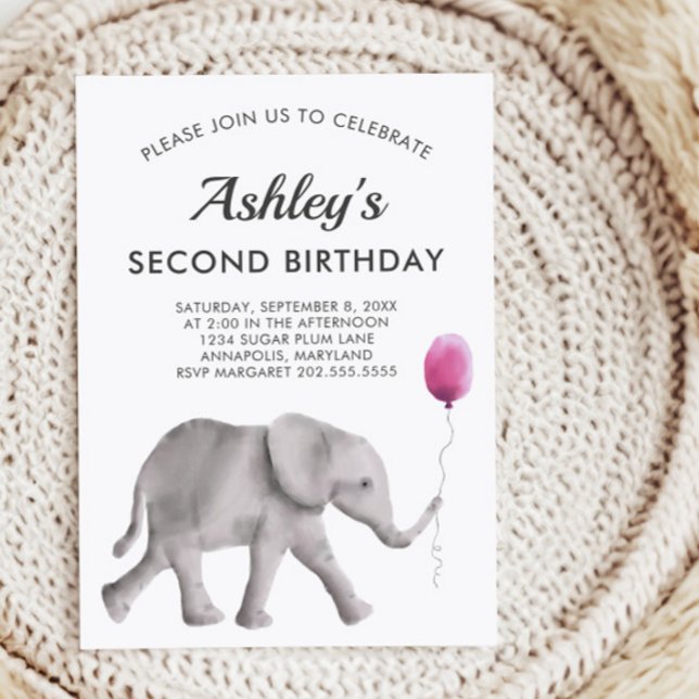 Baby Elephant Birthay Party Invitation Pink & Grey (Creator Uploaded)