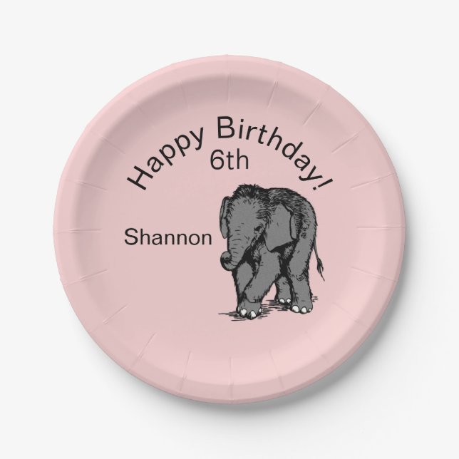 Baby Elephant Birthday Pink Paper Plate (Front)