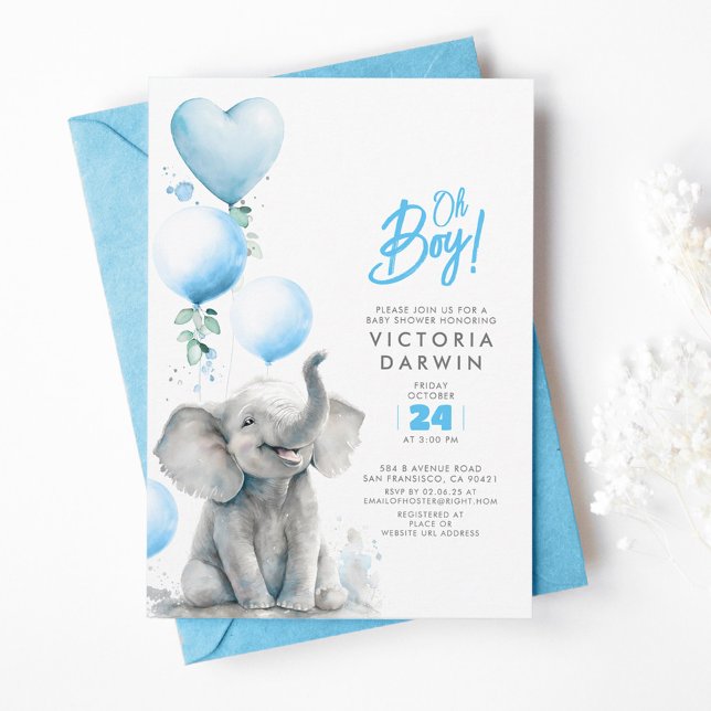 Baby Elephant Blue and Gray Cute Boy Baby Shower Invitation (Cute Blue and Grey Little Elephant Baby Shower Invitations)