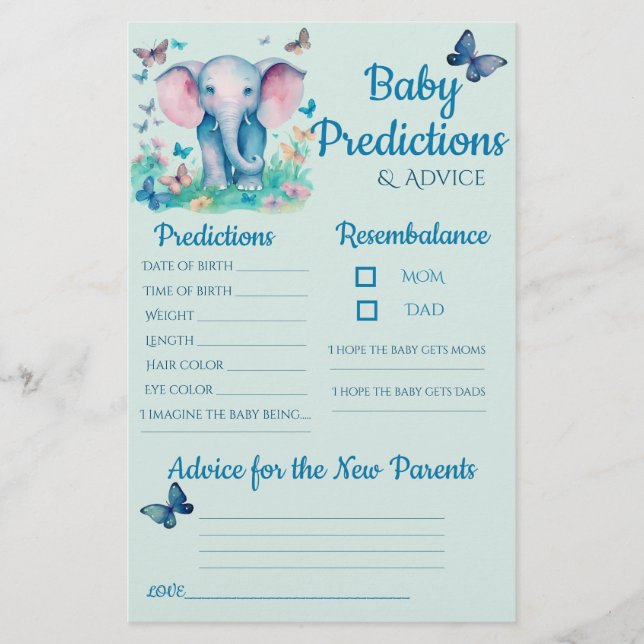 Baby Elephant Blue Baby Predictions Advice Card (Front)