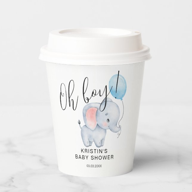 Baby Elephant & Blue Balloon Baby Shower Paper Cups (Front)