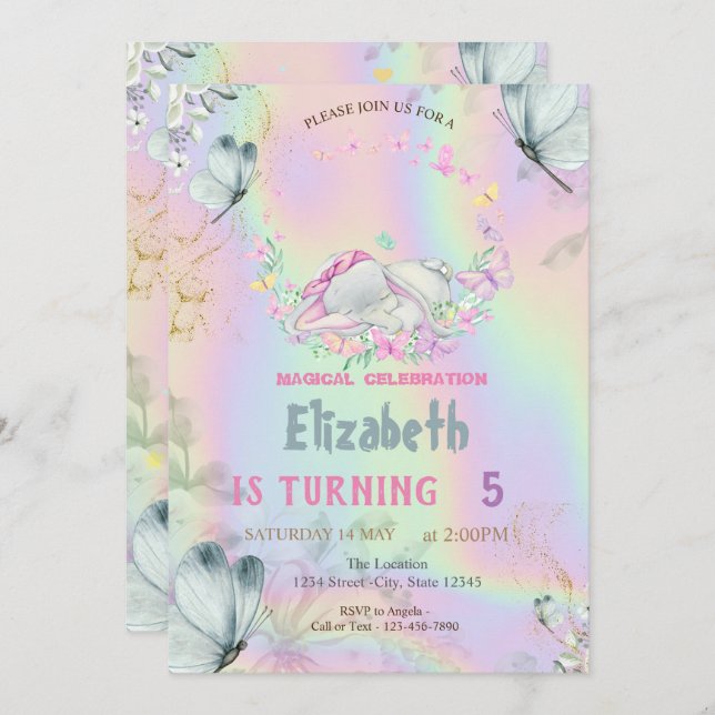 Baby Elephant Blue Butterflies Holographic Invitation (Front/Back)