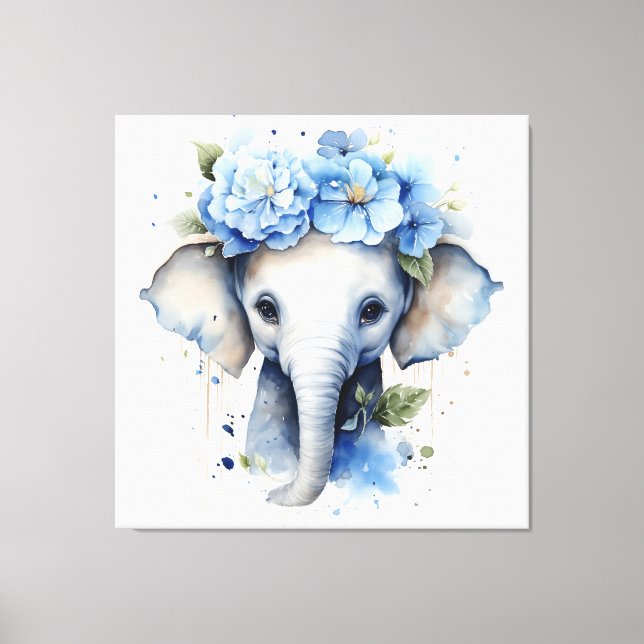 Baby Elephant – Blue Flower Crown Canvas Print (Front)