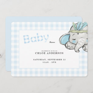 Baby Elephant Blue Gingham Baby Shower Rounded Invitation