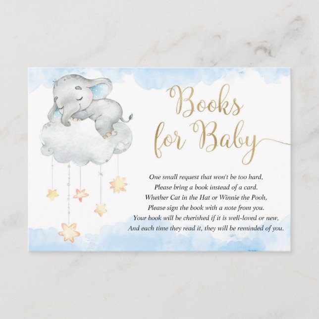 Baby elephant blue gold stars books for baby enclosure card (Front)