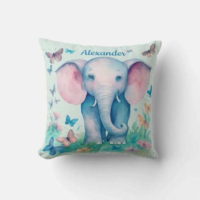 Baby Elephant Blue Personalised Cushion (Front)