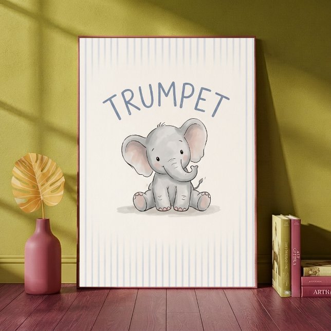 Baby Elephant Blue Stripes Nursery Poster (Creator Uploaded)
