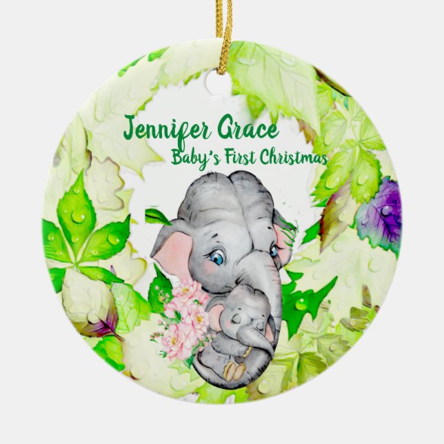 Baby Elephant Botanical Custom Photo 1st Christmas Ceramic Tree Decoration (Front)