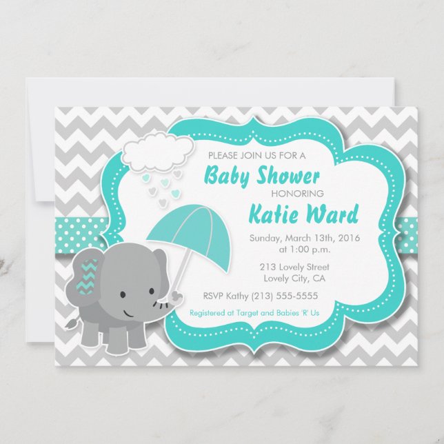 Baby Elephant Boy Baby Shower Teal Blue Invitation (Front)
