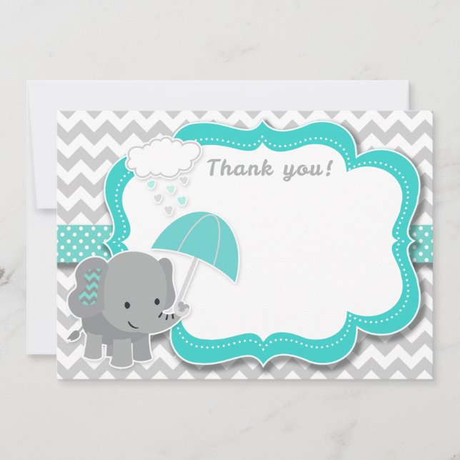 Baby Elephant Boy Baby Shower Teal Thank You Card (Front)