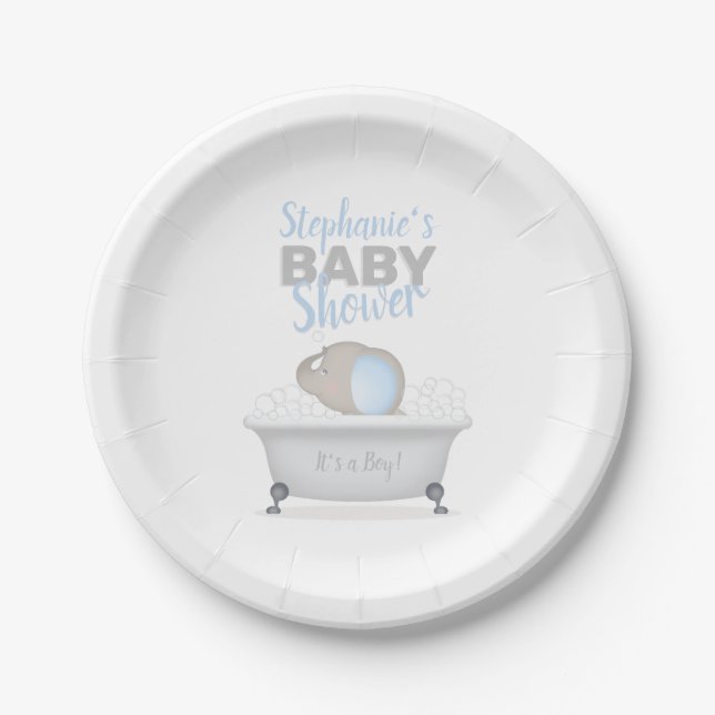 Baby Elephant Bubble Bath Boy Baby Shower Paper Plate (Front)