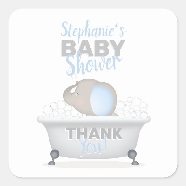 Baby Elephant Bubble Bath Boy Baby Shower Square Sticker (Front)