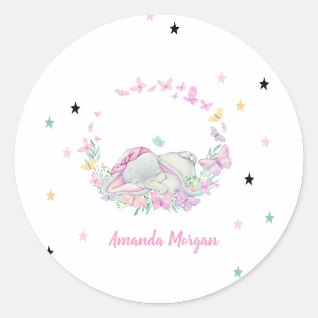 Baby Elephant,Butterflies, Stars Classic Round Sticker (Front)