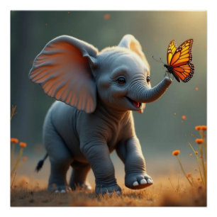 Baby Elephant Chasing A Butterfly Glossy Poster