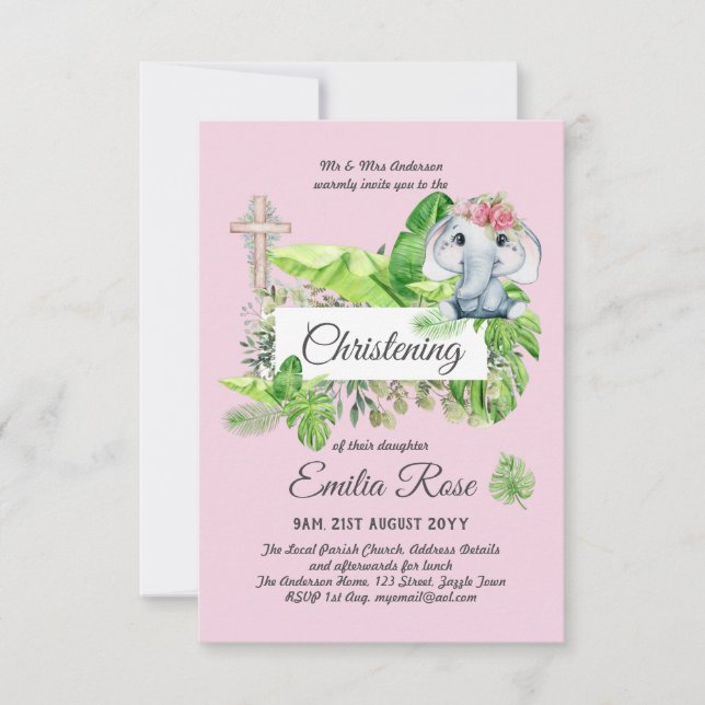 Baby Elephant CHRISTENING Invite for Girls Jungle (Front)