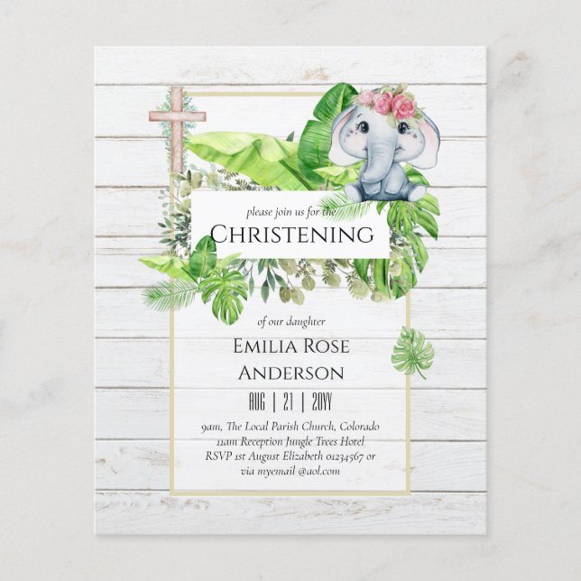 Baby Elephant CHRISTENING Invite for Girls Jungle Flyer (Front)