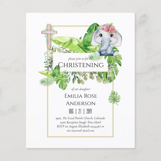 Baby Elephant CHRISTENING Invite for Girls Jungle Flyer (Front)