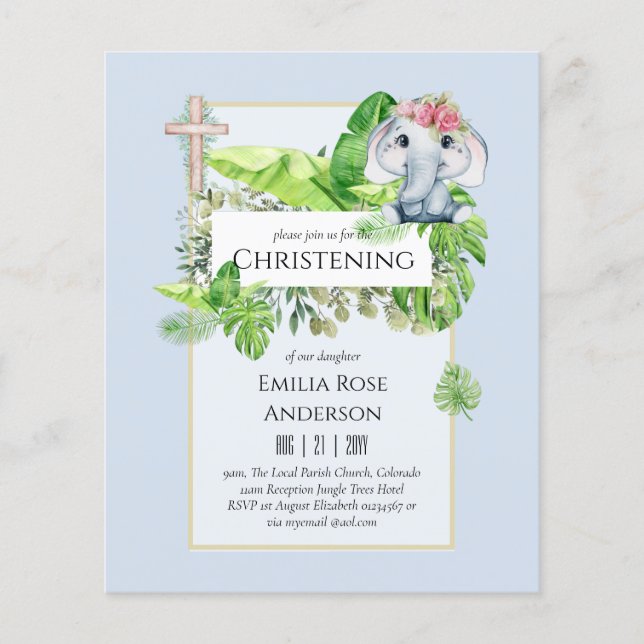Baby Elephant CHRISTENING Invite for Girls Jungle Flyer (Front)
