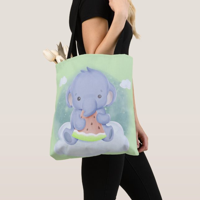 Baby Elephant Eating Watermelon Tote Bag (Close Up)
