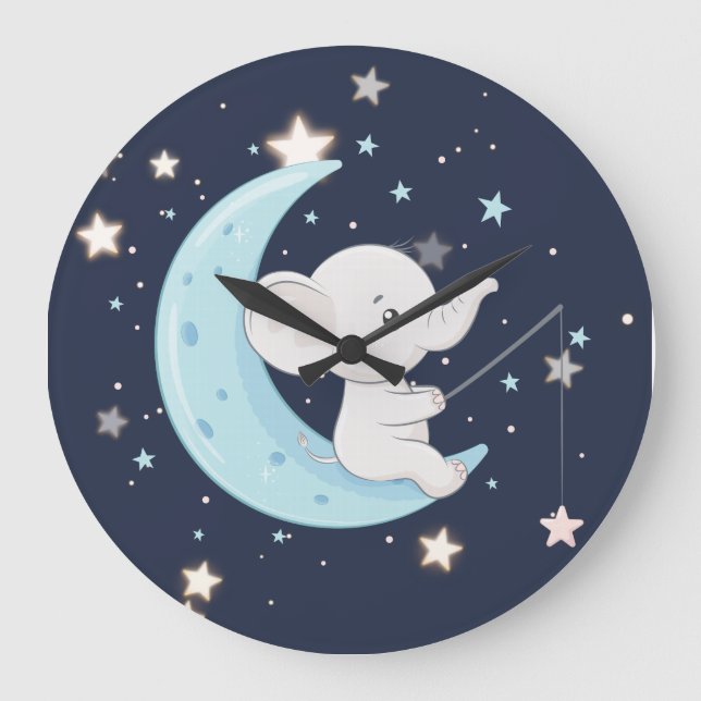 Baby Elephant Fishing For Stars Clock (Front)