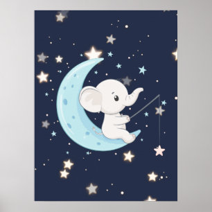 Baby Elephant Fishing For Stars Poster