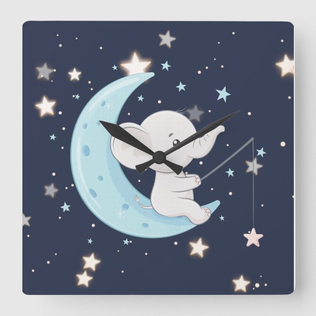 Baby Elephant Fishing For Stars Wall Clock (Front)