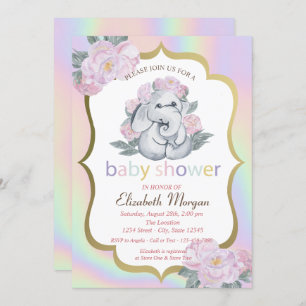 Baby Elephant,Floral,Holographic Baby Shower Invitation