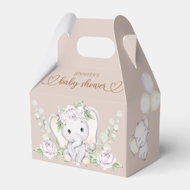 Baby Elephant & Flower Watercolor Baby Shower  Fav Favour Box (Front Side)