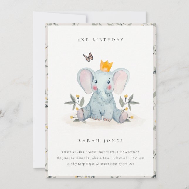 Baby Elephant Foliage Any Age Birthday Invite (Front)