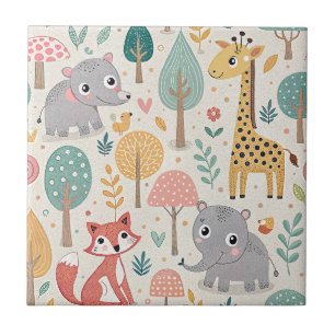 Baby Elephant, Fox & Giraffe Cute Cartoon Animals Tile