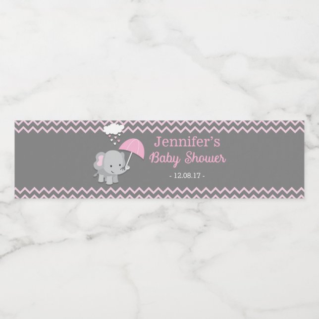 Baby Elephant Girl Baby Shower Water Bottle Labels (Single Label)
