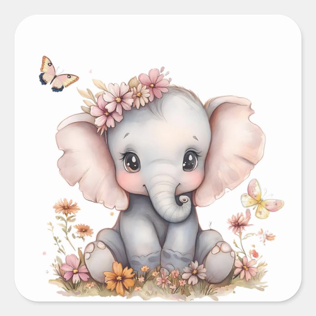 Baby elephant girl square sticker (Front)