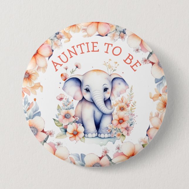 Baby Elephant Girl's Baby Shower Auntie to Be 7.5 Cm Round Badge (Front)