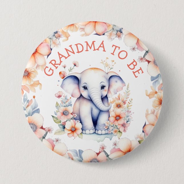 Baby Elephant Girl's Baby Shower Grandma to Be 7.5 Cm Round Badge (Front)