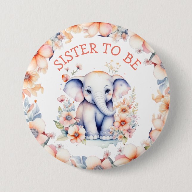 Baby Elephant Girl's Baby Shower Sister to Be 7.5 Cm Round Badge (Front)
