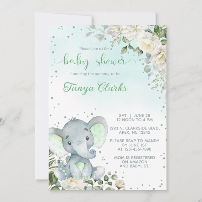 Baby elephant & green flowers girl baby shower. invitation (Front)