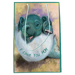 Baby Elephant Hatching From Egg - I Love You MOM Medium Gift Bag
