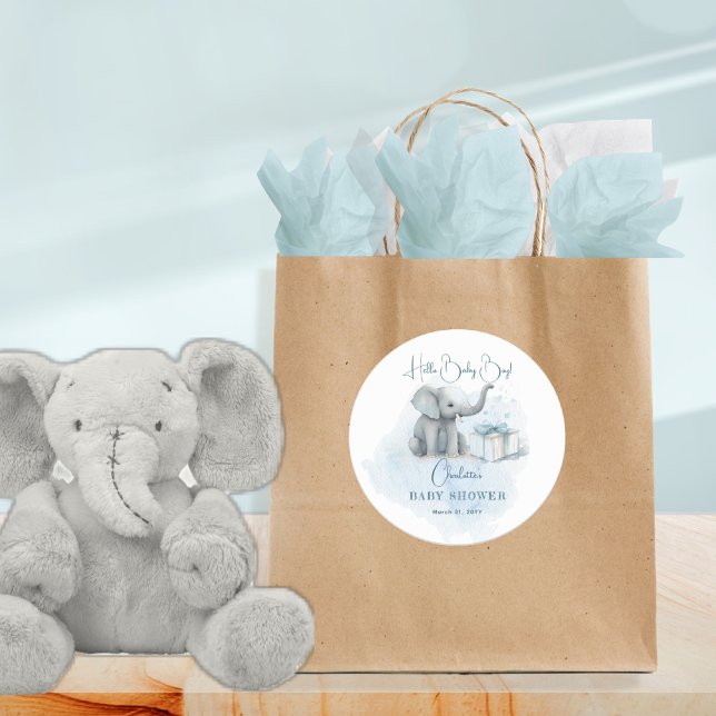 Baby Elephant Hello Baby Boy Blue Baby Shower  Classic Round Sticker (Creator Uploaded)