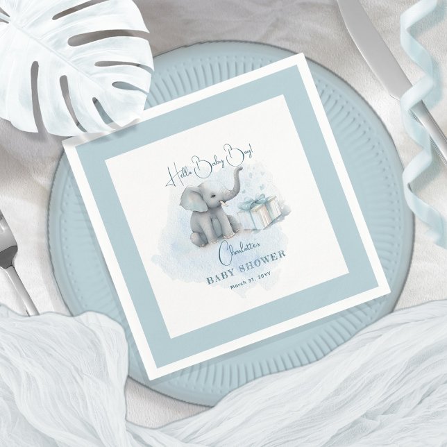 Baby Elephant Hello Baby Boy Blue Baby Shower Napkin (Creator Uploaded)