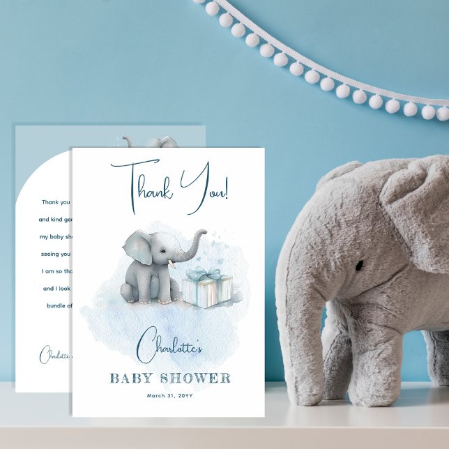 Baby Elephant Hello Baby Boy Blue Baby Shower Thank You Card (Creator Uploaded)