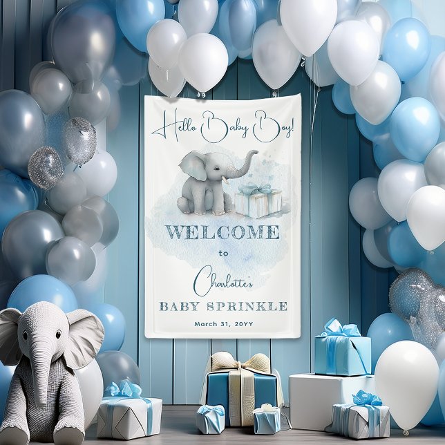 Baby Elephant Hello Baby Boy Blue Baby Sprinkle Banner ("Hello Baby Boy" Baby Elephant Boy Blue Baby Sprinkle or Shower Vertical Banner)