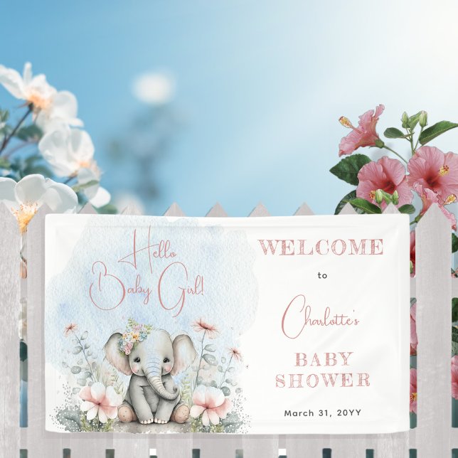 Baby Elephant Hello Baby Girl Floral Baby Shower Banner (Creator Uploaded)
