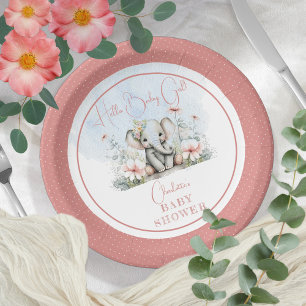 Baby Elephant Hello Baby Girl Floral Baby Shower Paper Plate