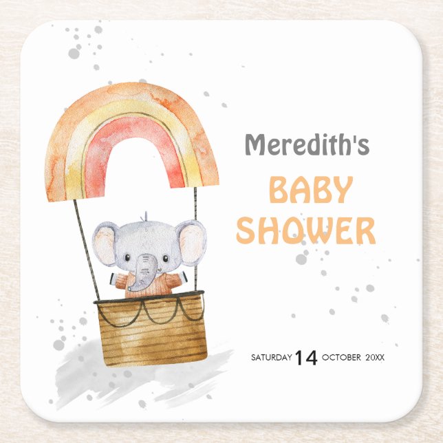 Baby elephant in ballon, baby shower,Paper Coaster (Front)