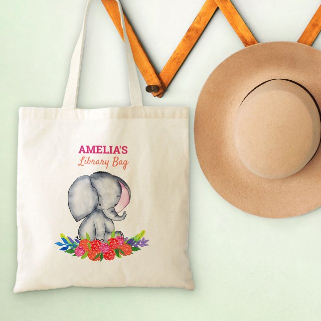 Baby Elephant in Colourful Flowers Kids Library Tote Bag (Creator Uploaded)